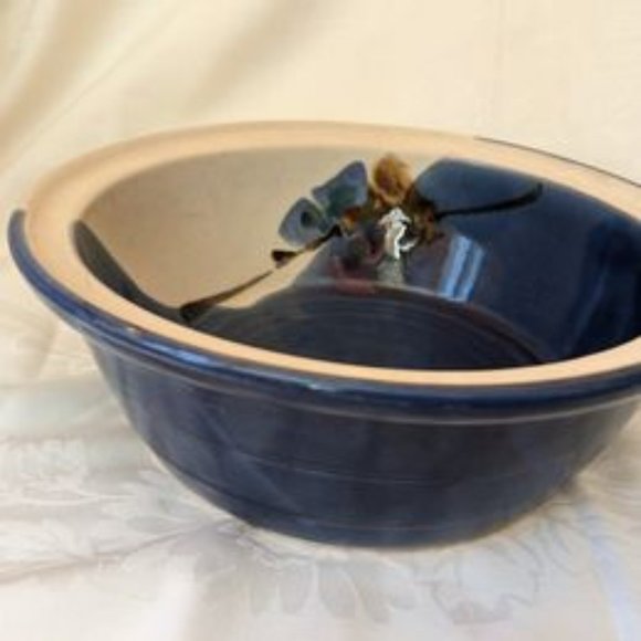 Large 10" Blue/Cream Floral Handmade Pottery Bowl - Picture 1 of 5